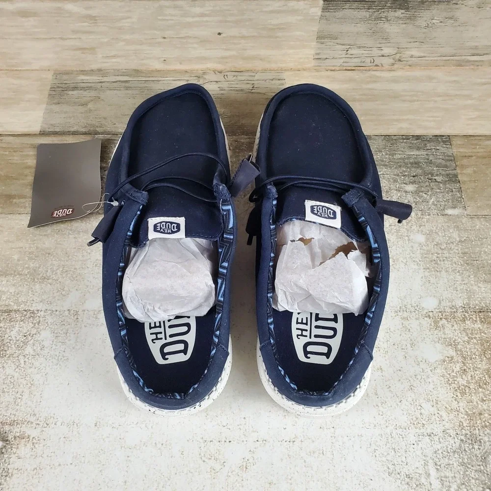 Hey Dude Wally Slip Stretch Canvas Mens Loafer Shoes Sz 9 Navy Slip On Round Toe